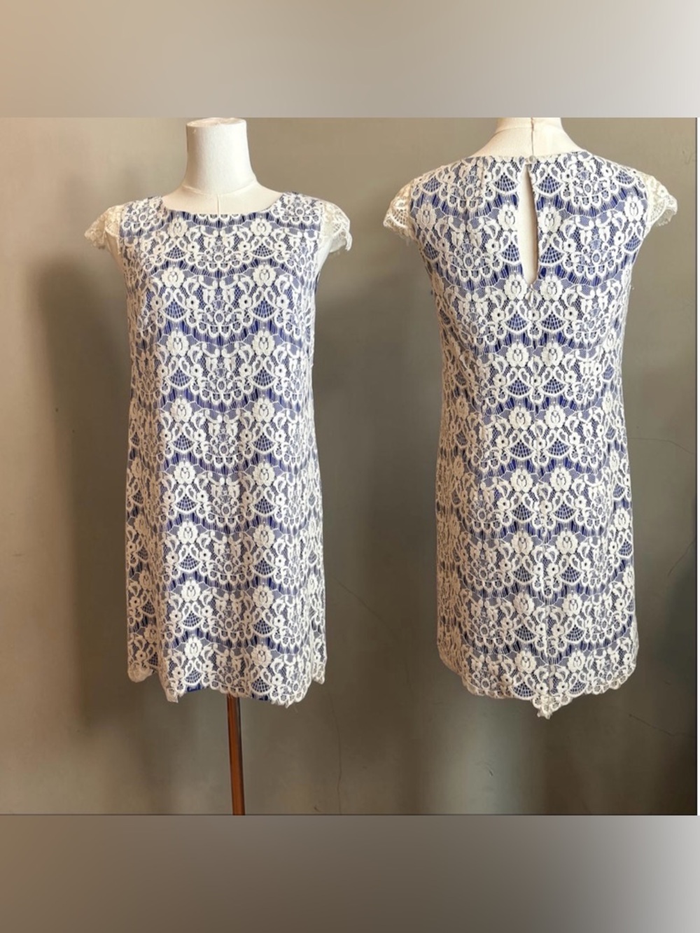 Shoshanna Dress Lace Overlay Sheath Dress - White & Blue
